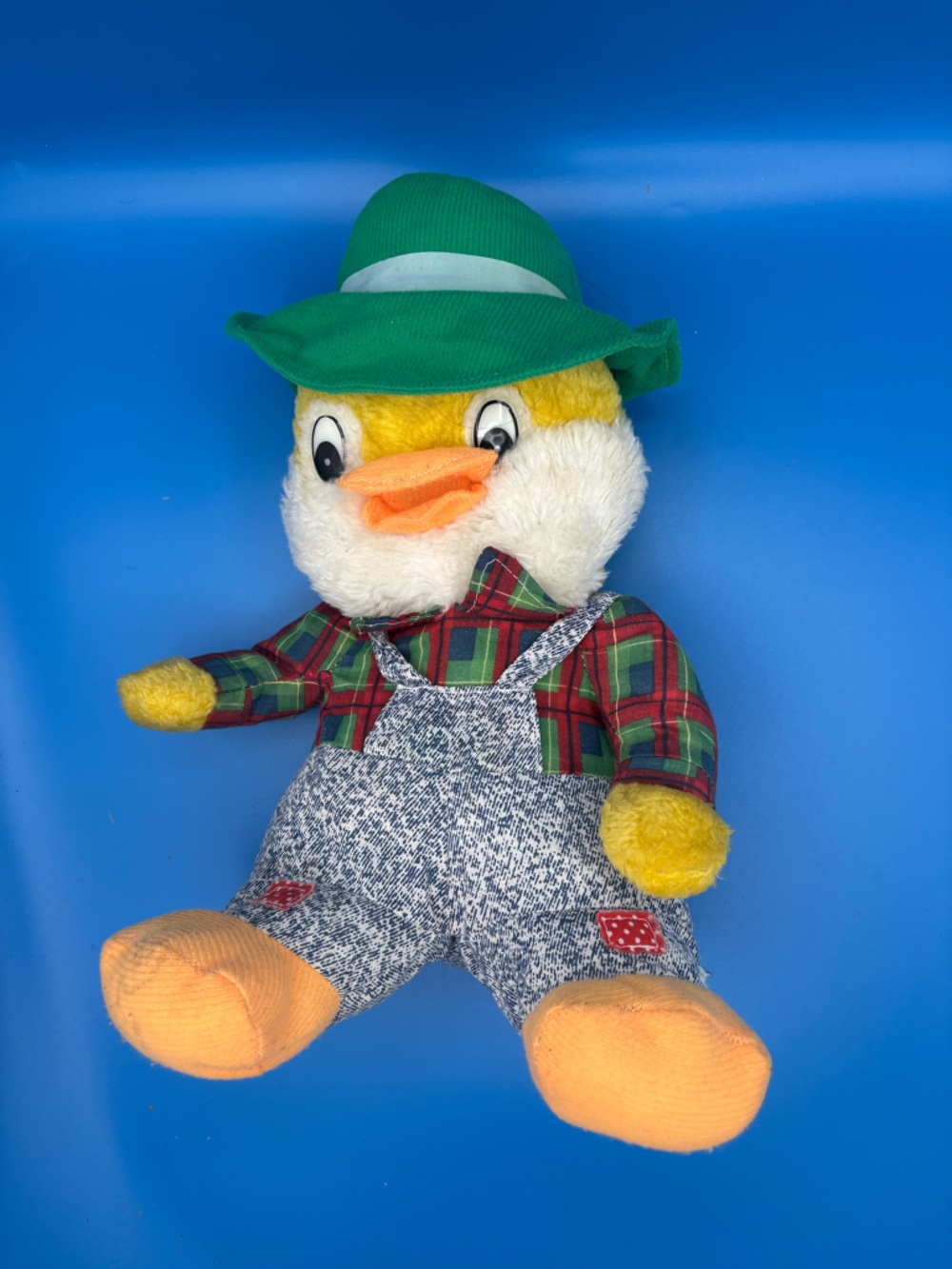 Vintage 1980s Farmer Duck Plush 14" Stuffed Animal in Overalls & Green Hat